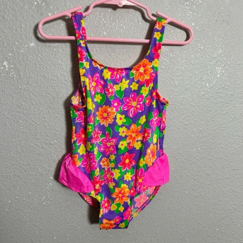 VTG 90s Oshkosh Bgosh Swimsuit 3T/4T Neon Floral Ruffles One Piece Swim